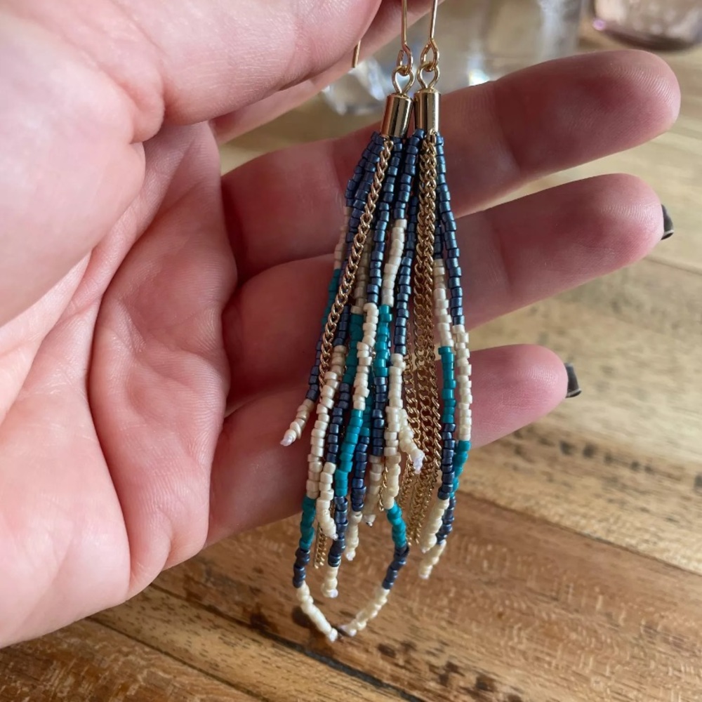 Blue Boho Tassel Seed Bead Drop Dangle Earrings - Picture 3 of 3